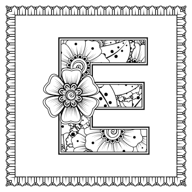 Letter E made of flowers in mehndi style coloring book page outline handdraw vector illustration