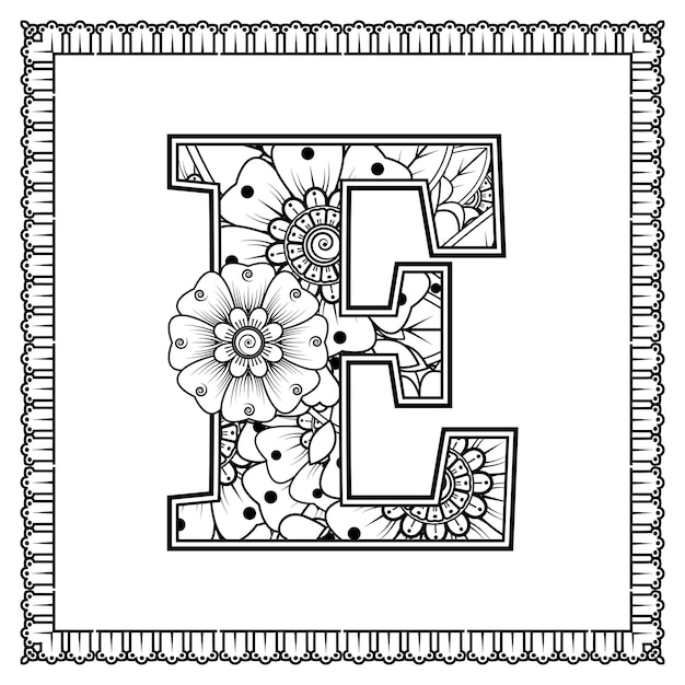 Letter E made of flowers in mehndi style coloring book page outline handdraw vector illustration