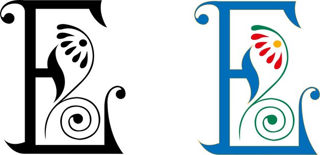 Letter E monogram alphabet. blue floral with spiral scroll design. initials capital letters.