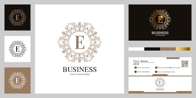 비즈니스 카드와 문자 E 장식 꽃 프레임 로고 템플릿 디자인.
