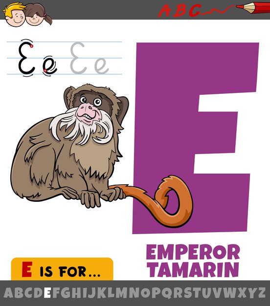 Letter e uit het alfabet met cartoon keizertamarin aap