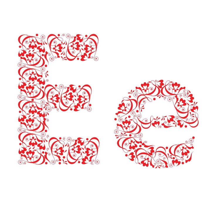 Vector letter e van rode bloemenvignetten