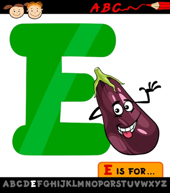 Vector letter e with eggplant cartoon illustration