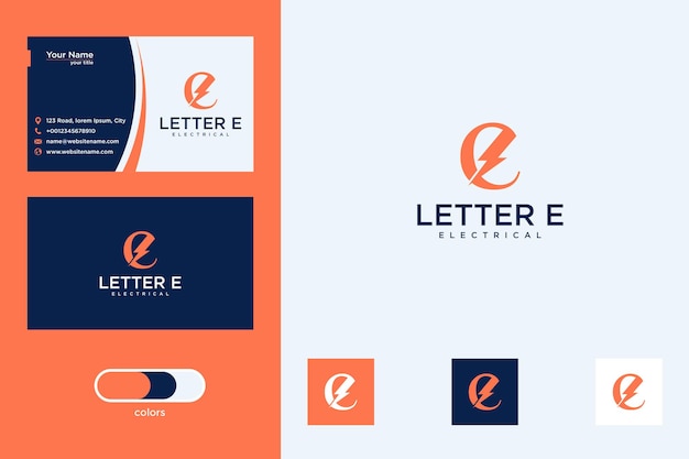 Lettera e con design del logo del segno elettrico e biglietto da visita