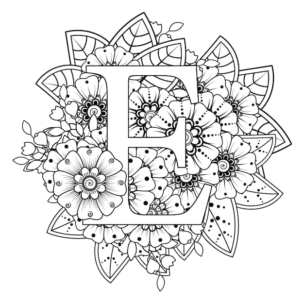Letter E with Mehndi flower decorative ornament in ethnic oriental style coloring book page
