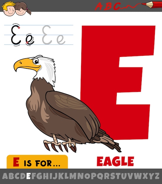 Vector letter e worksheet with cartoon eagle bird