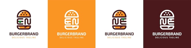 EN または NE のイニシャルが付いたハンバーガーに関連するビジネスに適した文字 EN および NE バーガー ロゴ