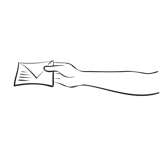 letter in an envelope in a man's hand, black line, outline, vector illustration