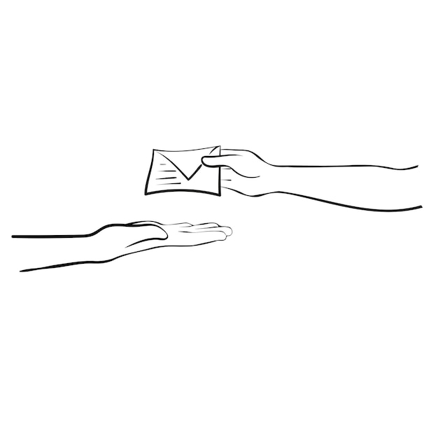 Letter in an envelope in a man's hand, black line, outline, vector illustration