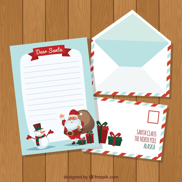Letter and envelopes with santa claus and a snowman