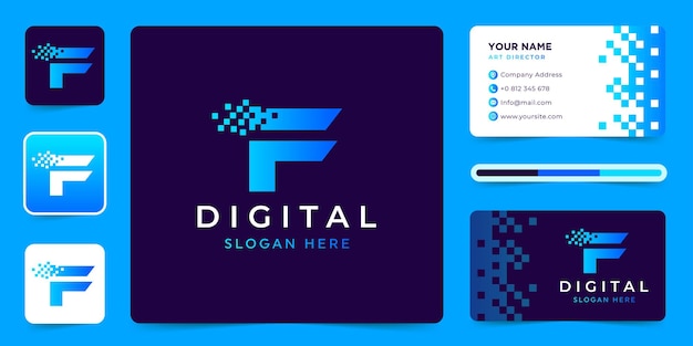 Letter f data technology logo design vector with business card template