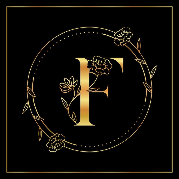 Vettore logo di lusso ed elegante floreale dorato della lettera f