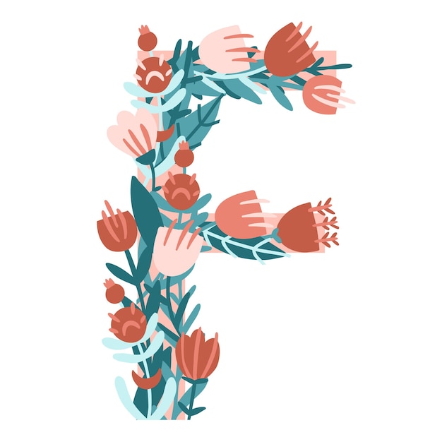 문자 F 손으로 그린 벡터 모노그램은 평평한 스타일의 흰색 배경 꽃에 꽃 가지와 잎으로 구성됩니다.