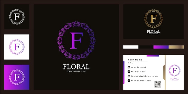 Letter f luxury ornament flower frame logo template design with business card.