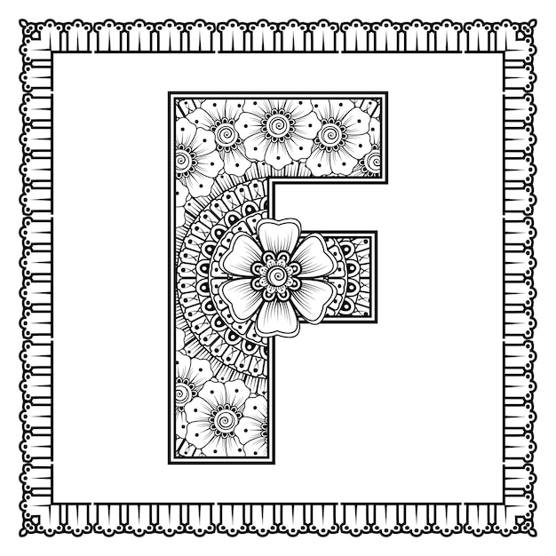 Letter F made of flowers in mehndi style coloring book page outline handdraw vector illustration