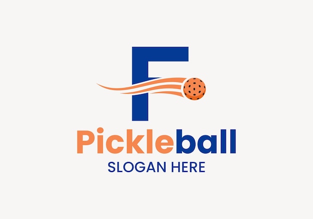 Letter f pickleball logo concept with moving pickleball symbol pickle ball logotype vector template