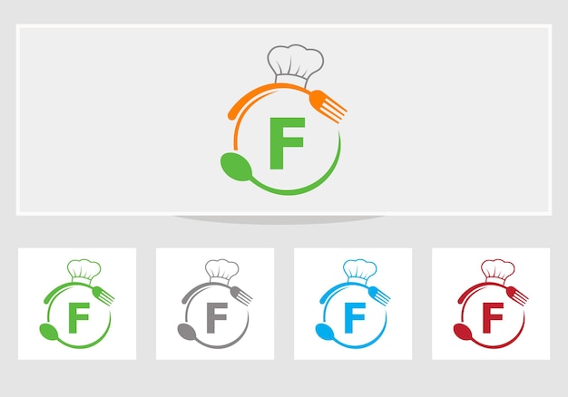 Логотип ресторана Letter F с символом шляпы шеф-повара, ложки и вилки