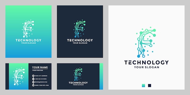 Letter f voor technologie logo design dot concept met visitekaartje