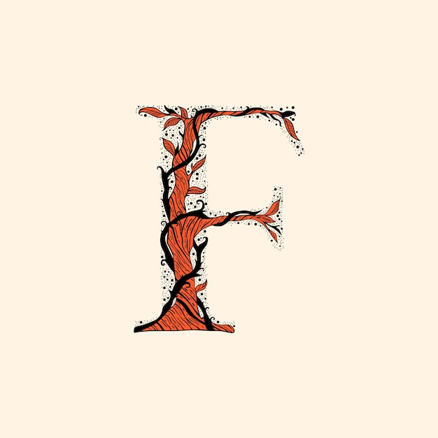 Vector letter f with branches and leaves