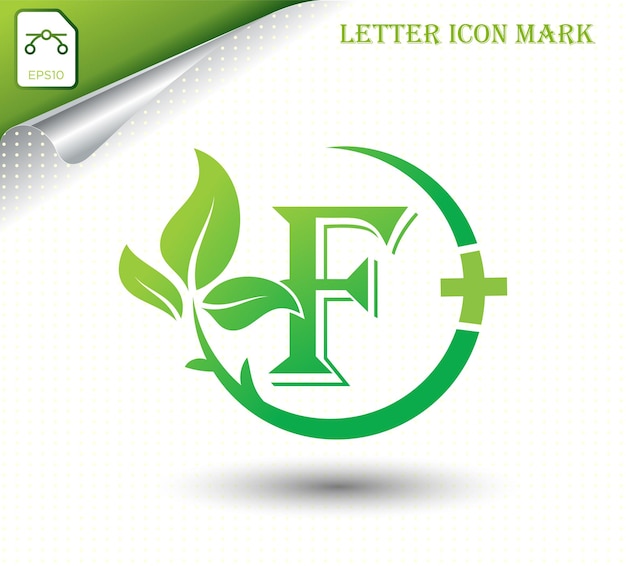 Letter F with green leaf vector template