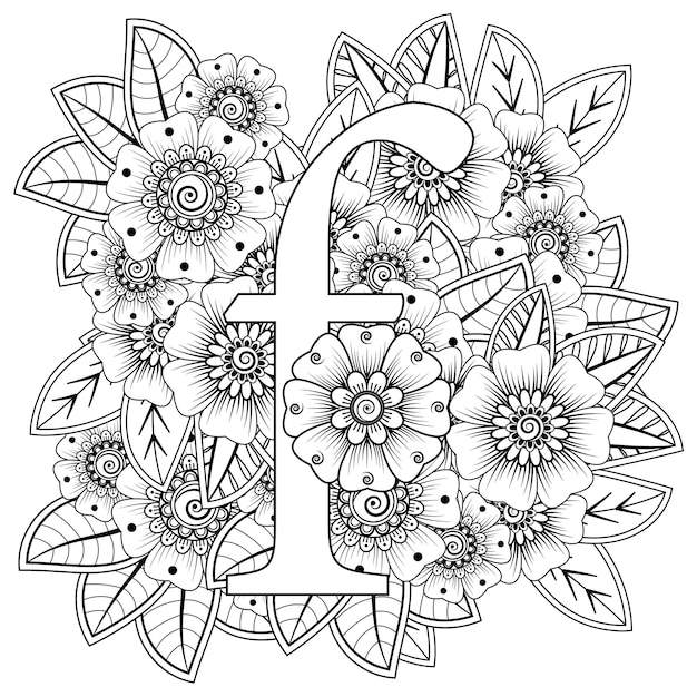 Letter f with Mehndi flower decorative ornament in ethnic oriental style coloring book page