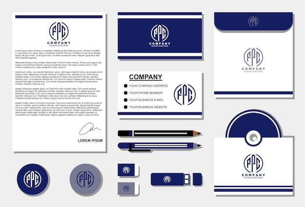 Letter fpc monogram logo-ontwerp met sjabloon voor briefpapier