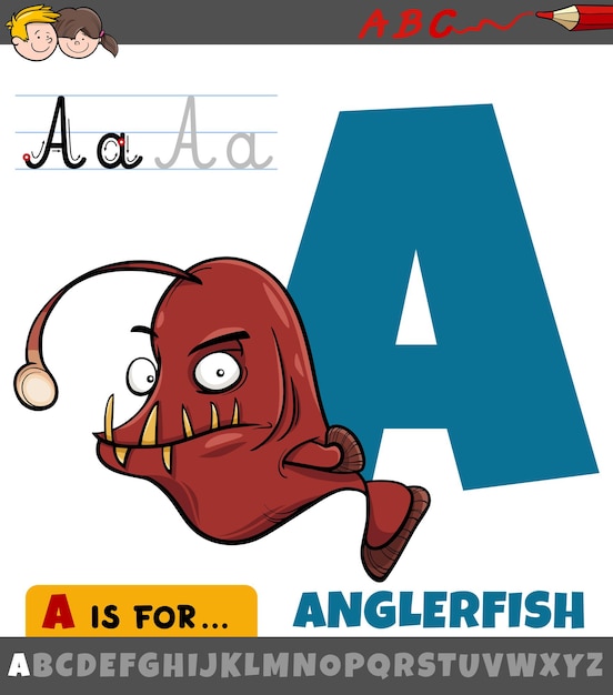 Letter a from alphabet with cartoon anglerfish animal