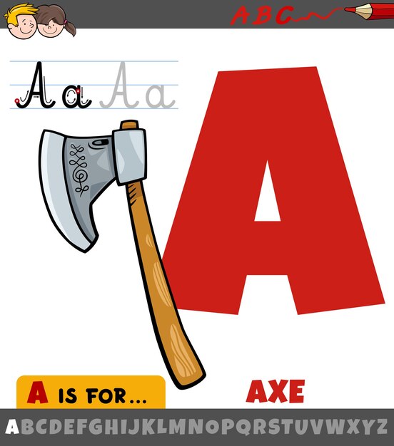 letter A from alphabet with cartoon axe object