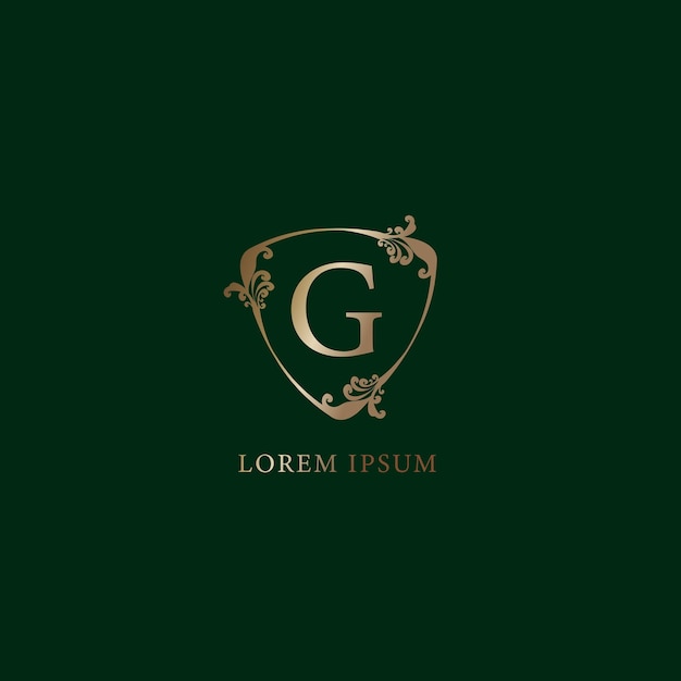 Letter G Alphabetic logo design template Luxury gold decorative floral shield sign illustration isolated on dark green background Insurance logo concept