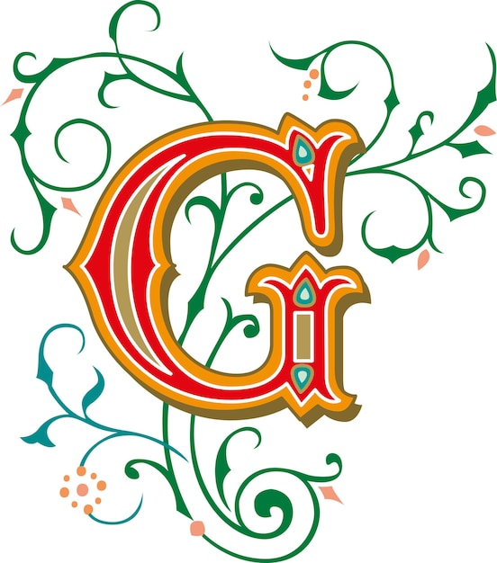letter G Bloemen monogram. kleurrijke Vintage ornament eerste alfabet spiraal scroll stijl.