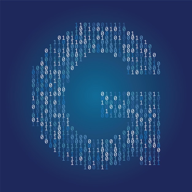 Letter g font made from binary code digits on a dark blue background