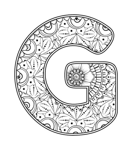 Letter g gemaakt van bloemen in mehndi stijl kleurboek pagina overzicht handdraw vectorillustratie