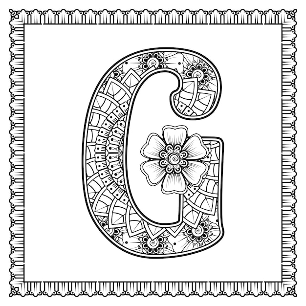 Vector letter g gemaakt van bloemen in mehndi stijl kleurboek pagina overzicht handdraw vectorillustratie