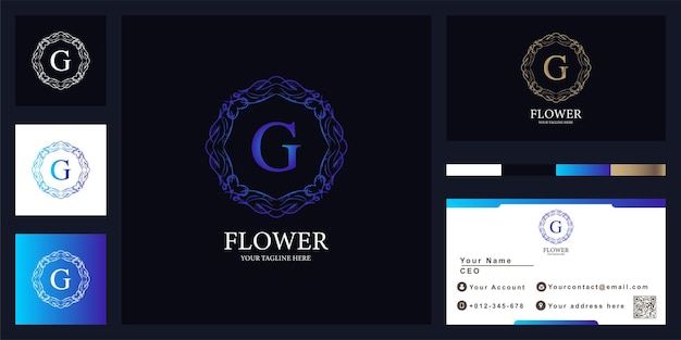 Letter g luxe sieraad bloem frame sjabloon embleemontwerp met visitekaartje