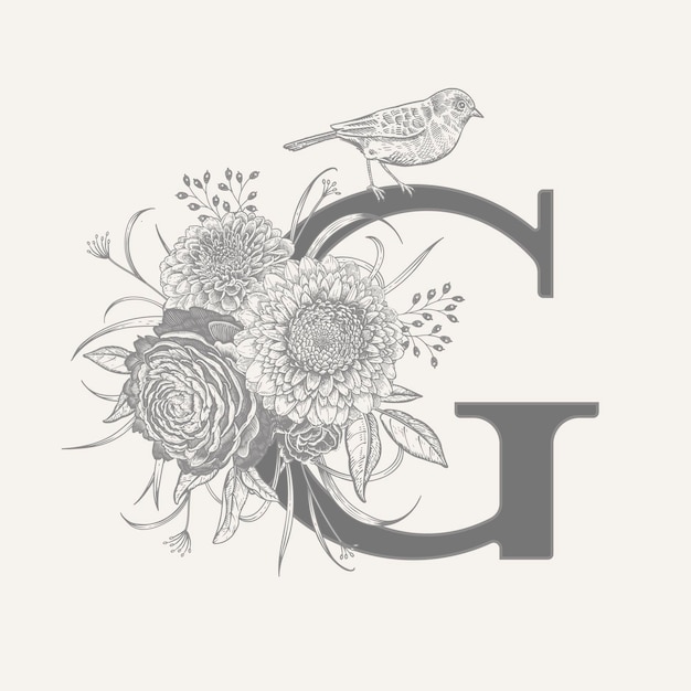 Letter g luxury peonies decorative herbs cute flowers bird isolated vector decoration vintage