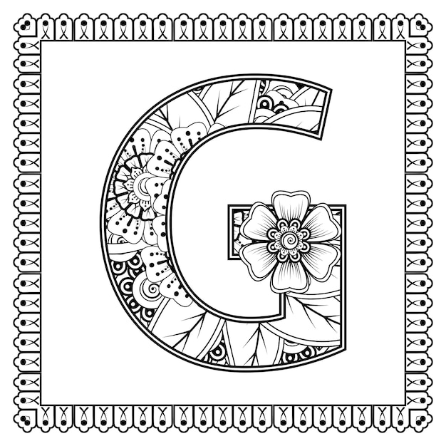 Letter G made of flowers in mehndi style coloring book page outline handdraw vector illustration