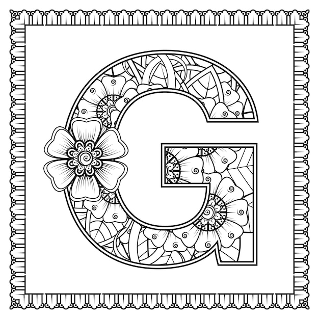 Letter g made of flowers in mehndi style coloring book page outline handdraw vector illustration