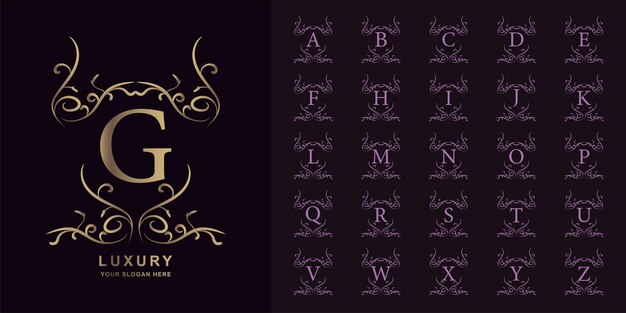 편지 G 또는 고급 장식 꽃 프레임 황금 로고 템플릿이 있는 컬렉션 초기 알파벳입니다.