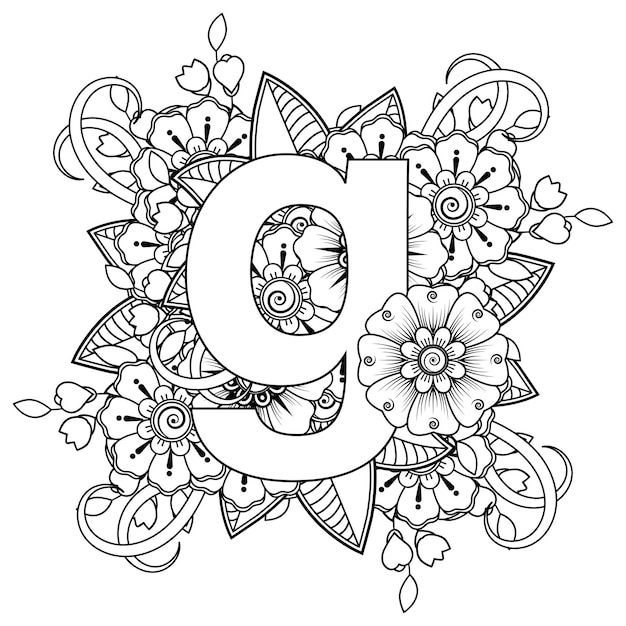 Letter g with Mehndi flower decorative ornament in ethnic oriental style coloring book page