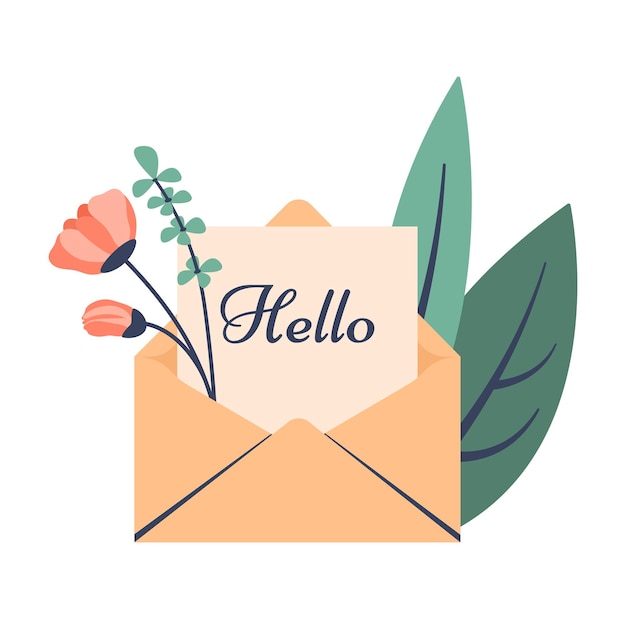 Letter of greeting Open envelope with letter beautiful spring flowers leaves Concept of reading good news notice resume looking at mail getting good news Vector flat cartoon illustration