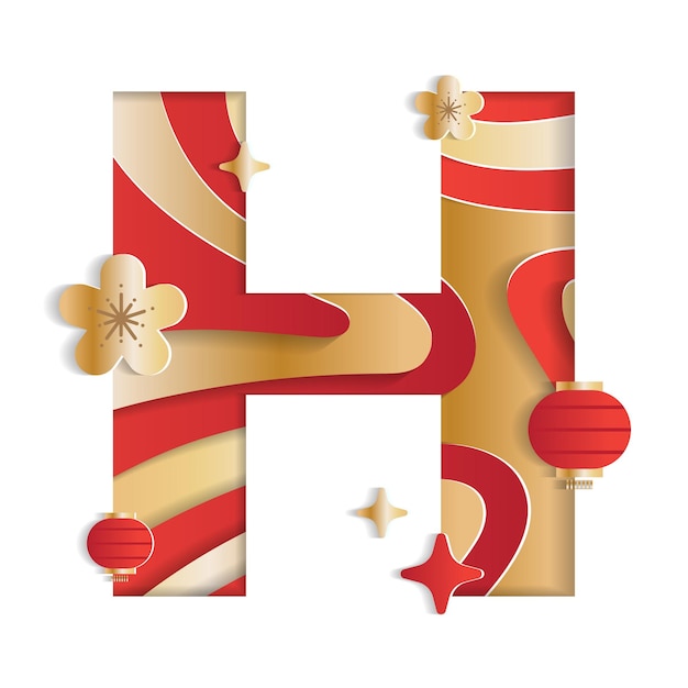 Letter H Alphabet Font Chinese New Year Character Font Flower Lantern Red Gold 3D Paper Illustration