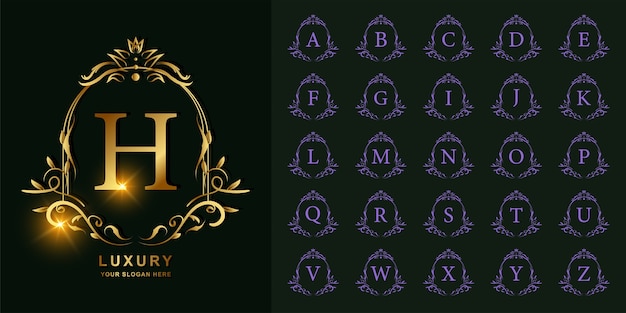 Lettera h o alfabeto iniziale di raccolta con modello di logo dorato cornice floreale ornamento di lusso.