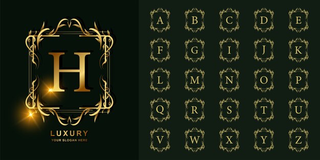 Letter h or collection initial alphabet with luxury ornament floral frame golden logo template.