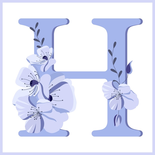 Vettore lettera h decorata con fiori e foglie delicati colori lilla icona illustrazione