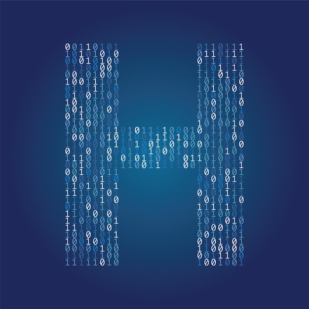 Letter h font made from binary code digits on a dark blue background