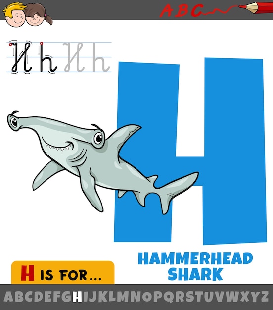 буква H из алфавита с мультяшной акулой-молотом