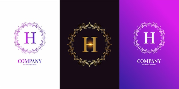 Letter h initial alphabet with luxury ornament floral frame logo template.