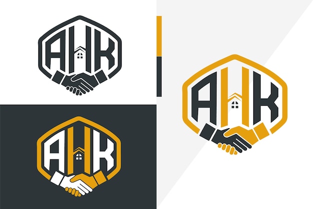 Буква AHK Monogram HandShake Логотип векторного шаблона недвижимости