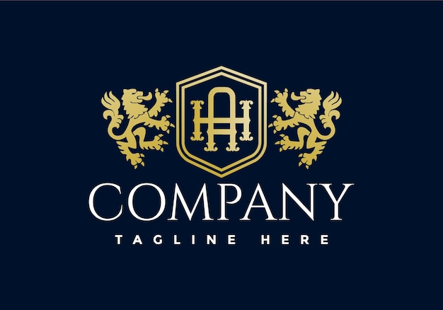 Буква H и A, геральдический логотип Luxury Lion. Элегантный золотой значок геральдического щита.