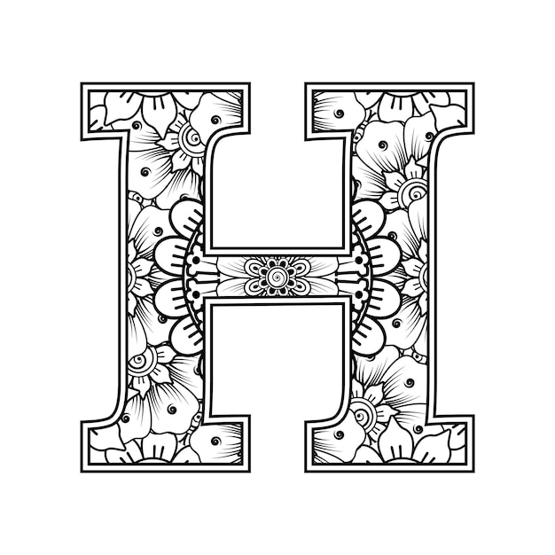 Vector letter h made of flowers in mehndi style coloring book page outline handdraw vector illustration